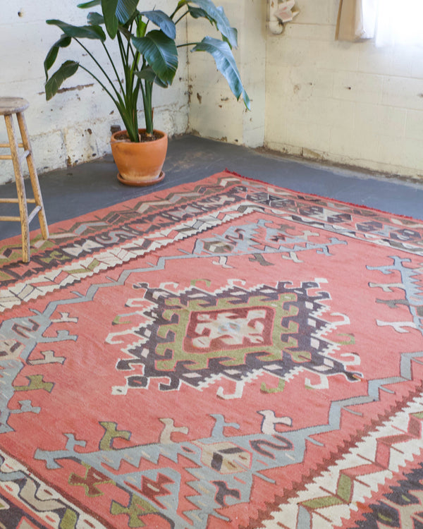 old rug, antique rug, earthy colors, faded colors, Turkish rug, vintage rug, flat weave, kilim rug, large area rug, square rug, Wild Shaman, Portland, Oregon, rug store, rug shop, local shop