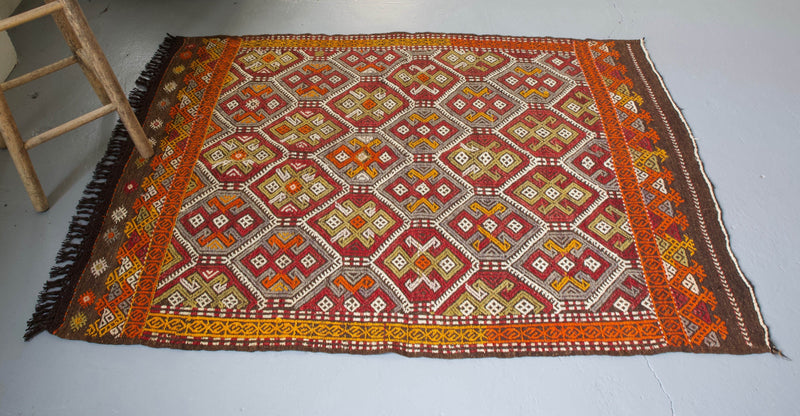 Turkish rug, vintage rug, flat weave, kilim rug, large area rug, square rug, Wild Shaman, Portland, Oregon, rug store, rug shop, local shop,  bright colors, area rug, red rug, bold color