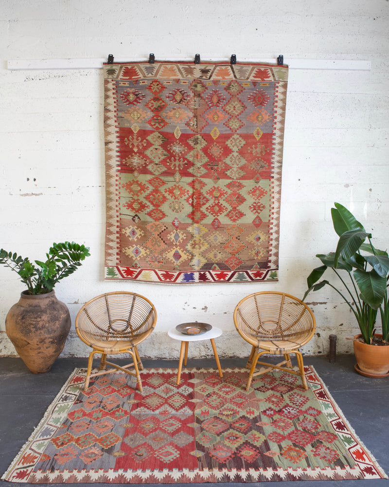 old rug, antique rug, earthy colors, faded colors, Turkish rug, vintage rug, flat weave, kilim rug, large area rug, square rug, Wild Shaman, Portland, Oregon, rug store, rug shop, local shop