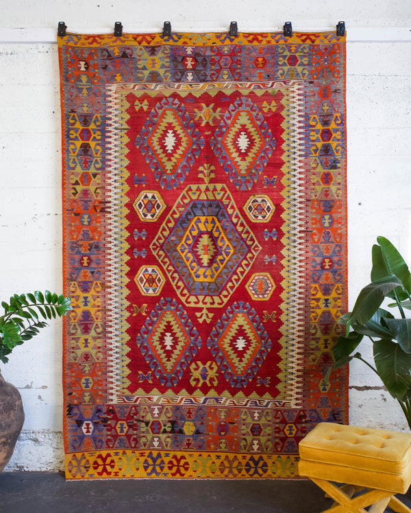 Turkish rug, vintage rug, flat weave, kilim rug, large area rug, square rug, Wild Shaman, Portland, Oregon, rug store, rug shop, local shop,  bright colors, area rug, red rug, bold color