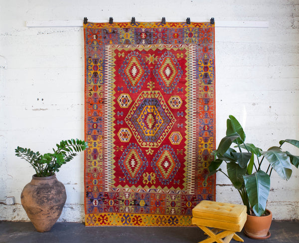 Turkish rug, vintage rug, flat weave, kilim rug, large area rug, square rug, Wild Shaman, Portland, Oregon, rug store, rug shop, local shop,  bright colors, area rug, red rug, bold color