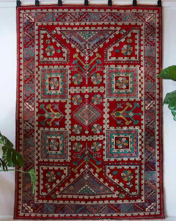 Vintage Turkish rug in a living room setting, pile rug, Turkish rug, vintage rug, portland, rug shop, bright colors, wild shaman, soft rug, bold color, Portland, Oregon, rug store, rug shop, local shop