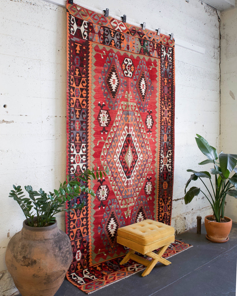 Turkish rug, vintage rug, flat weave, kilim rug, large area rug, square rug, Wild Shaman, Portland, Oregon, rug store, rug shop, local shop,  bright colors, area rug, red rug, bold color