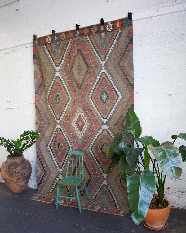 old rug, antique rug, earthy colors, faded colors, Turkish rug, vintage rug, flat weave, kilim rug, large area rug, square rug, Wild Shaman, Portland, Oregon, rug store, rug shop, local shop