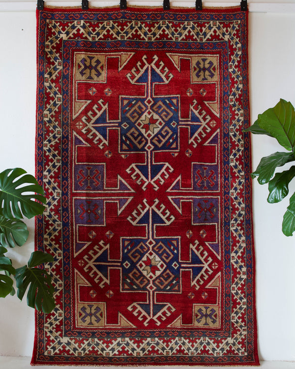 Vintage Turkish rug in a living room setting, pile rug, Turkish rug, vintage rug, portland, rug shop, bright colors, wild shaman, soft rug, bold color, Portland, Oregon, rug store, rug shop, local shop