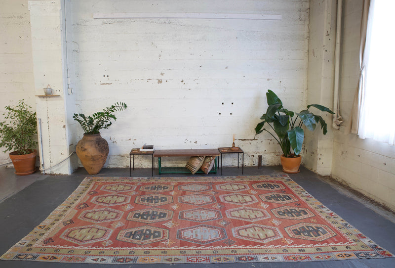 old rug, antique rug, earthy colors, faded colors, Turkish rug, vintage rug, flat weave, kilim rug, large area rug, square rug, Wild Shaman, Portland, Oregon, rug store, rug shop, local shop