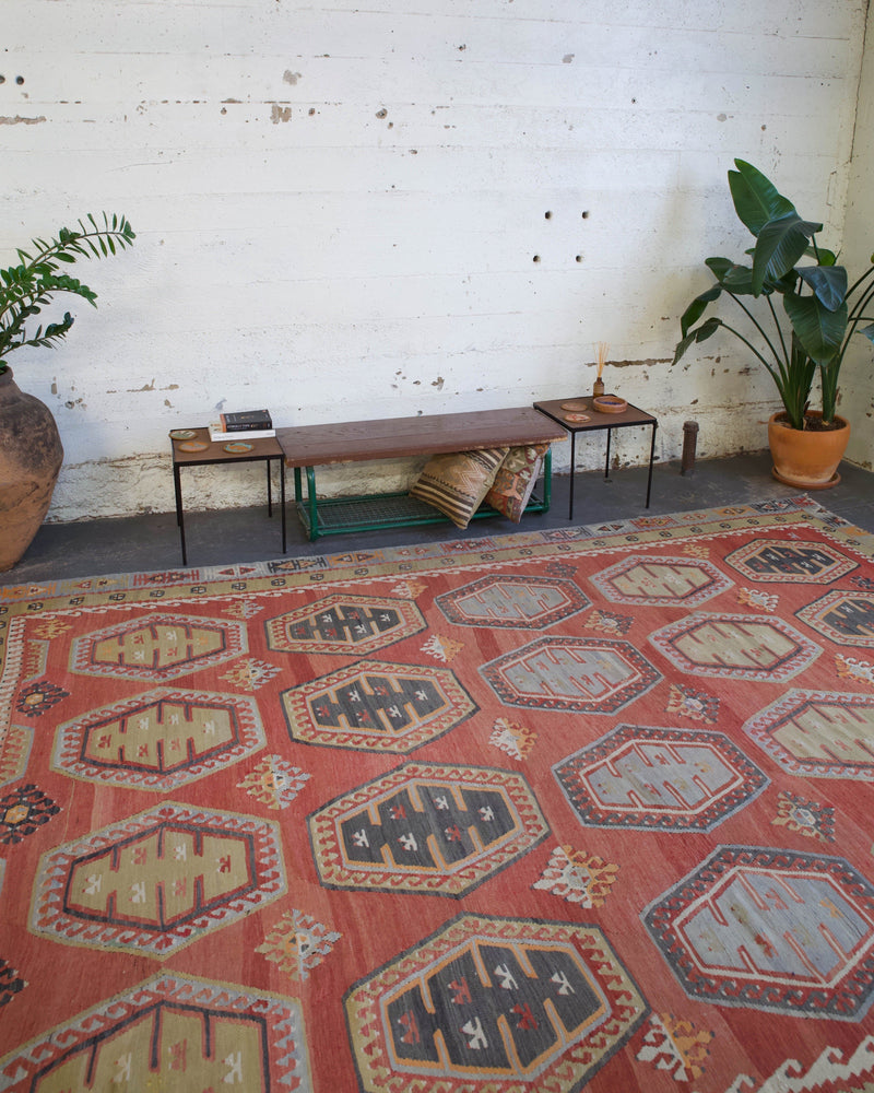 old rug, antique rug, earthy colors, faded colors, Turkish rug, vintage rug, flat weave, kilim rug, large area rug, square rug, Wild Shaman, Portland, Oregon, rug store, rug shop, local shop