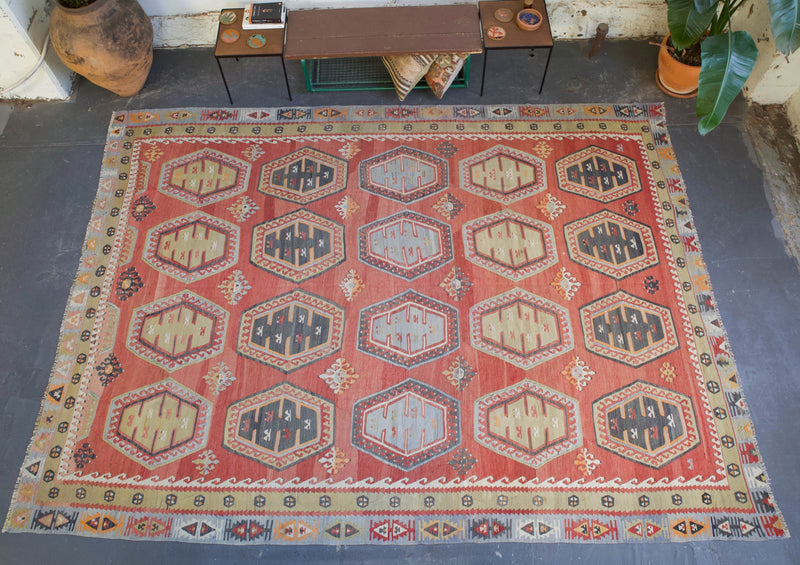 old rug, antique rug, earthy colors, faded colors, Turkish rug, vintage rug, flat weave, kilim rug, large area rug, square rug, Wild Shaman, Portland, Oregon, rug store, rug shop, local shop