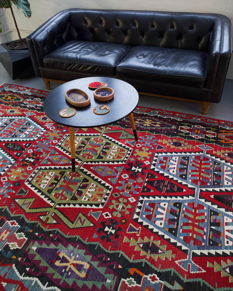 Turkish rug, vintage rug, flat weave, kilim rug, large area rug, square rug, Wild Shaman, Portland, Oregon, rug store, rug shop, local shop,  bright colors, area rug, red rug, bold color