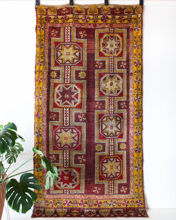 Vintage Turkish rug in a living room setting, pile rug, Turkish rug, vintage rug, portland, rug shop, bright colors, wild shaman, soft rug, bold color, Portland, Oregon, rug store, rug shop, local shop, antique rug, distressed rug, worn out rug