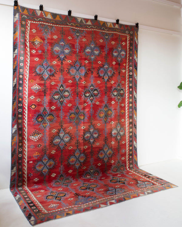 Vintage kilim rug in room decor setting, kilim, Turkish rug, vintage rug, portland, rug shop, bright colors, wild shaman, bold color, Portland, Oregon, rug store, rug shop, local shop, antique rug