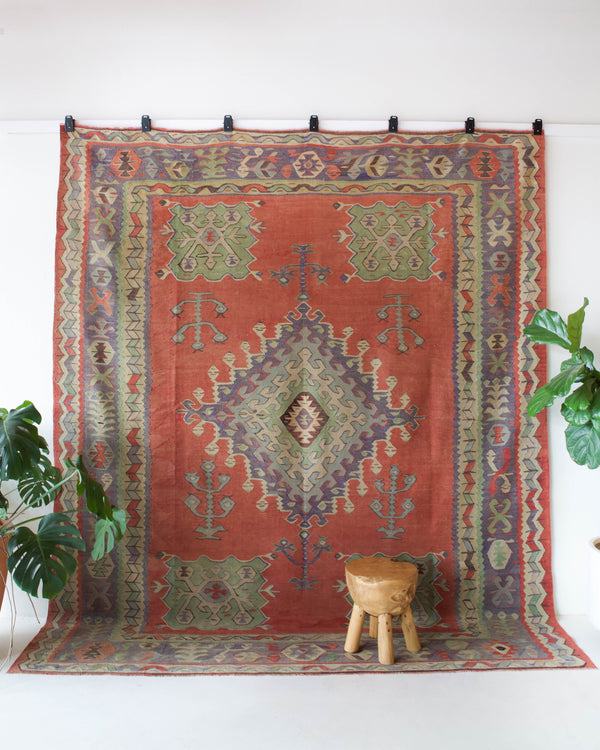  Vintage kilim rug in room decor setting, kilim, Turkish rug, vintage rug, portland, rug shop, bright colors, wild shaman, bold color, Portland, Oregon, rug store, rug shop, local shop, antique rug