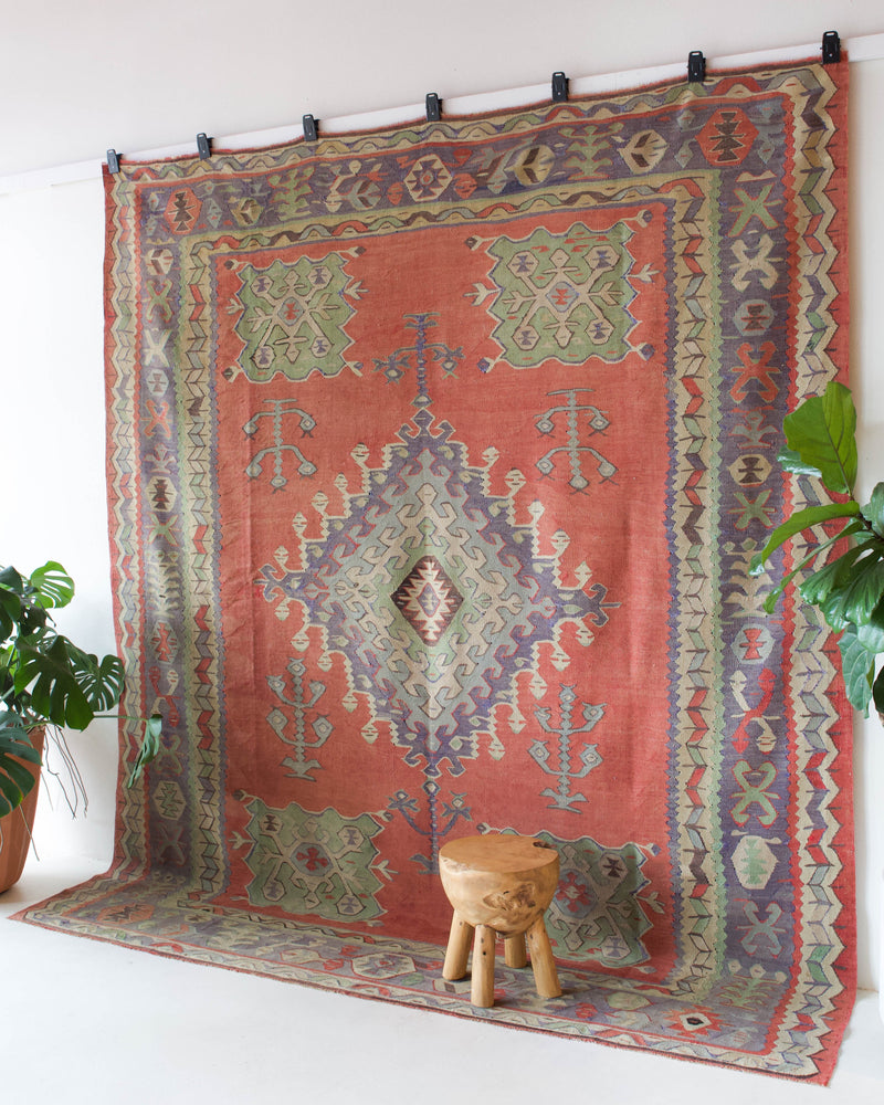  Vintage kilim rug in room decor setting, kilim, Turkish rug, vintage rug, portland, rug shop, bright colors, wild shaman, bold color, Portland, Oregon, rug store, rug shop, local shop, antique rug