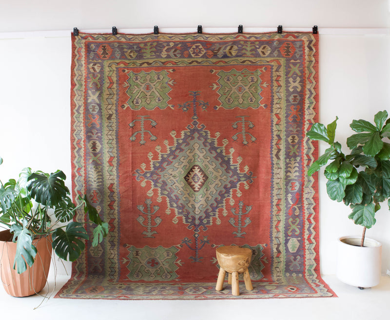  Vintage kilim rug in room decor setting, kilim, Turkish rug, vintage rug, portland, rug shop, bright colors, wild shaman, bold color, Portland, Oregon, rug store, rug shop, local shop, antique rug