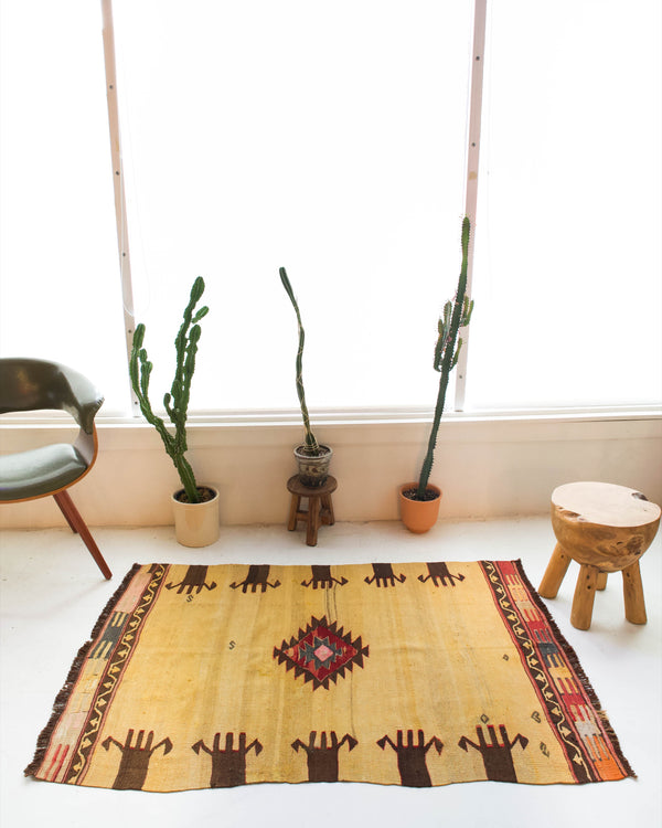  Vintage kilim rug in room decor setting, kilim, Turkish rug, vintage rug, portland, rug shop, bright colors, wild shaman, bold color, Portland, Oregon, rug store, rug shop, local shop, antique rug