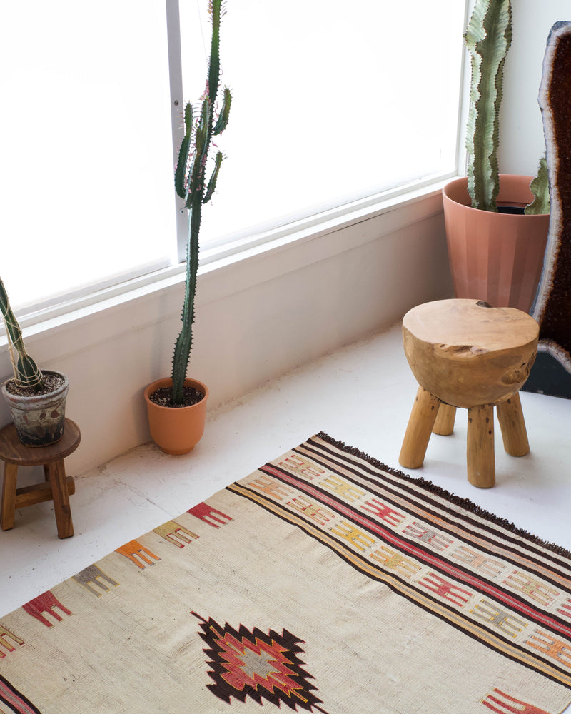  Vintage kilim rug in room decor setting, old rug, antique rug, pastel colors, faded colors, Turkish rug, vintage rug, soft rug, Portland, Oregon, rug store, rug shop, local shop, antique rug