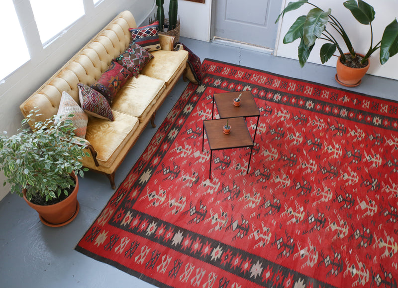 red, balkan kilim, pilot kilim, kilim rug, large area rug, antique rug, turkish rug, flat weave rug, portland rug shop, wild shaman