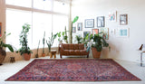 Antique Persian area rug in a living room setting, pile rug, vintage rug, portland, rug shop, bright colors, wild shaman, soft rug, bold color, Portland, Oregon, rug store, rug shop, local shop, antique rug, Persian rug, handmade rug, wool rug