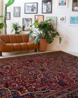 Antique Persian area rug in a living room setting, pile rug, vintage rug, portland, rug shop, bright colors, wild shaman, soft rug, bold color, Portland, Oregon, rug store, rug shop, local shop, antique rug, Persian rug, handmade rug, wool rug