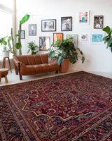 Antique Persian area rug in a living room setting, pile rug, vintage rug, portland, rug shop, bright colors, wild shaman, soft rug, bold color, Portland, Oregon, rug store, rug shop, local shop, antique rug, Persian rug, handmade rug, wool rug