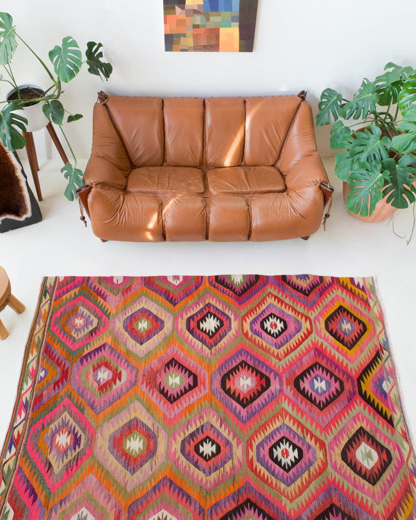 Vintage kilim rug in living room setting, bright colors, wild shaman, soft rug, bold color, Portland, Oregon, rug store, rug shop, local shop, vintage rug, modern kilim