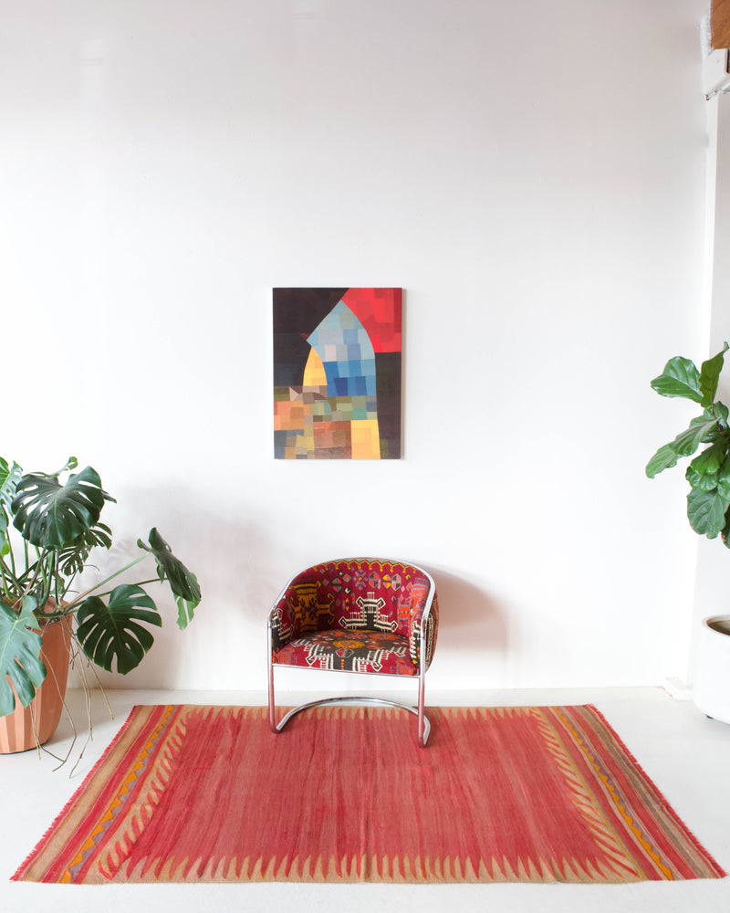 Vintage kilim rug in living room setting, bright colors, wild shaman, soft rug, bold color, Portland, Oregon, rug store, rug shop, local shop, vintage rug, modern kilim