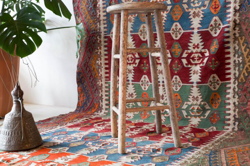 Antique kilim rug in living room setting, bright colors, wild shaman, soft rug, bold color, Portland, Oregon, rug store, rug shop, local shop, vintage rug, modern kilim, antique kilim, antique
