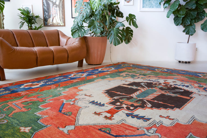 Vintage Turkish rug in a living room setting, pile rug, Turkish rug, vintage rug, portland, rug shop, bright colors, wild shaman, soft rug, bold color, Portland, Oregon, rug store, rug shop, local shop