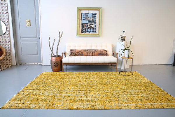 Vintage Overdyed Isparta Rug in Meyer Lemon 5.9ftx8.10ft