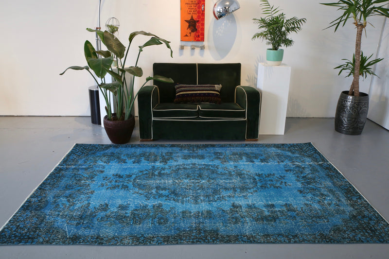 Vintage Overdyed Isparta Rug in Deep Blue 5.5ftx8.7ft