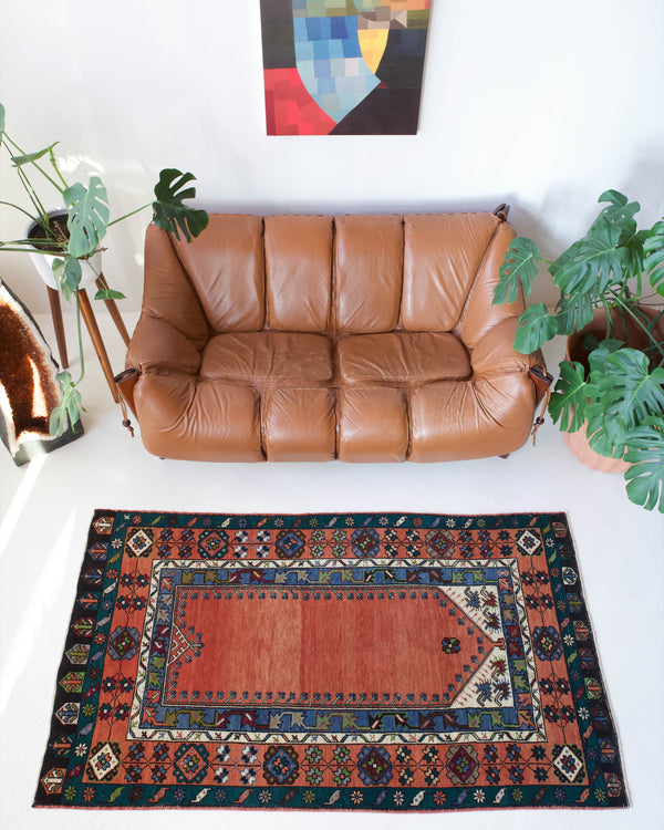 Vintage Turkish rug in a living room setting, pile rug, Turkish rug, vintage rug, portland, rug shop, bright colors, wild shaman, soft rug, bold color, Portland, Oregon, rug store, rug shop, local shop