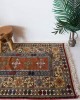 Vintage Turkish rug in a living room setting, pile rug, Turkish rug, vintage rug, portland, rug shop, bright colors, wild shaman, soft rug, bold color, Portland, Oregon, rug store, rug shop, local shop, antique rug,  sun colors, warm colors