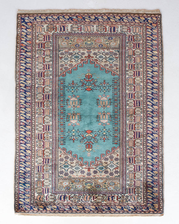 Small area rug in a living room setting, pile rug, Turkish rug, old rug, antique rug, pastel colors, faded colors, Turkish rug, vintage rug, soft rug, Portland, Oregon, rug store, rug shop, local shop, cool colors