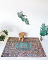 Small area rug in a living room setting, pile rug, Turkish rug, old rug, antique rug, pastel colors, faded colors, Turkish rug, vintage rug, soft rug, Portland, Oregon, rug store, rug shop, local shop, cool colors