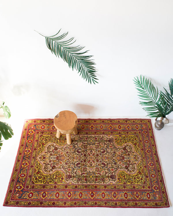 Vintage Turkish rug in a living room setting, pile rug, Turkish rug, vintage rug, portland, rug shop, bright colors, wild shaman, soft rug, bold color, Portland, Oregon, rug store, rug shop, local shop, antique rug, floral rug