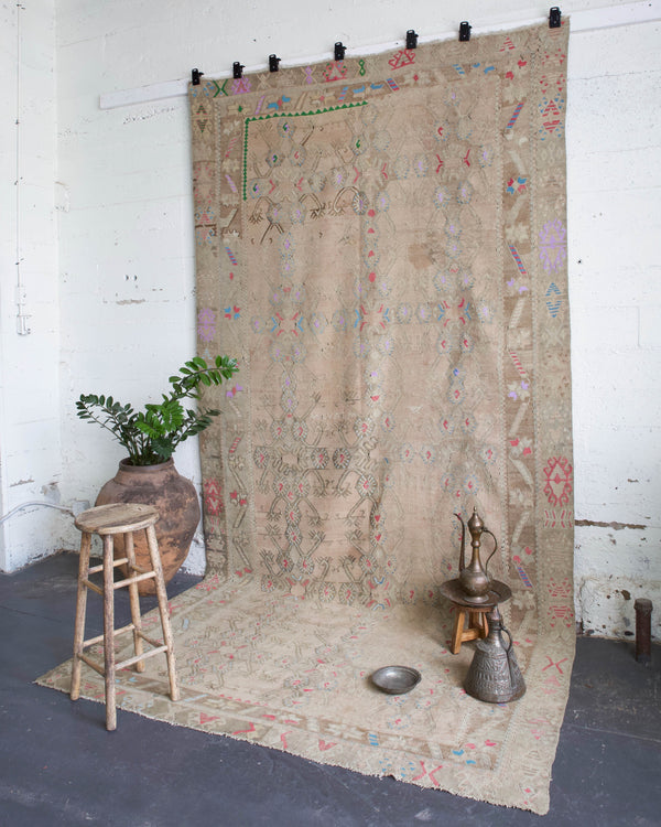 old rug, antique rug, earthy colors, faded colors, Turkish rug, vintage rug, flat weave, kilim rug, large area rug, square rug, Wild Shaman, Portland, Oregon, rug store, rug shop, local shop