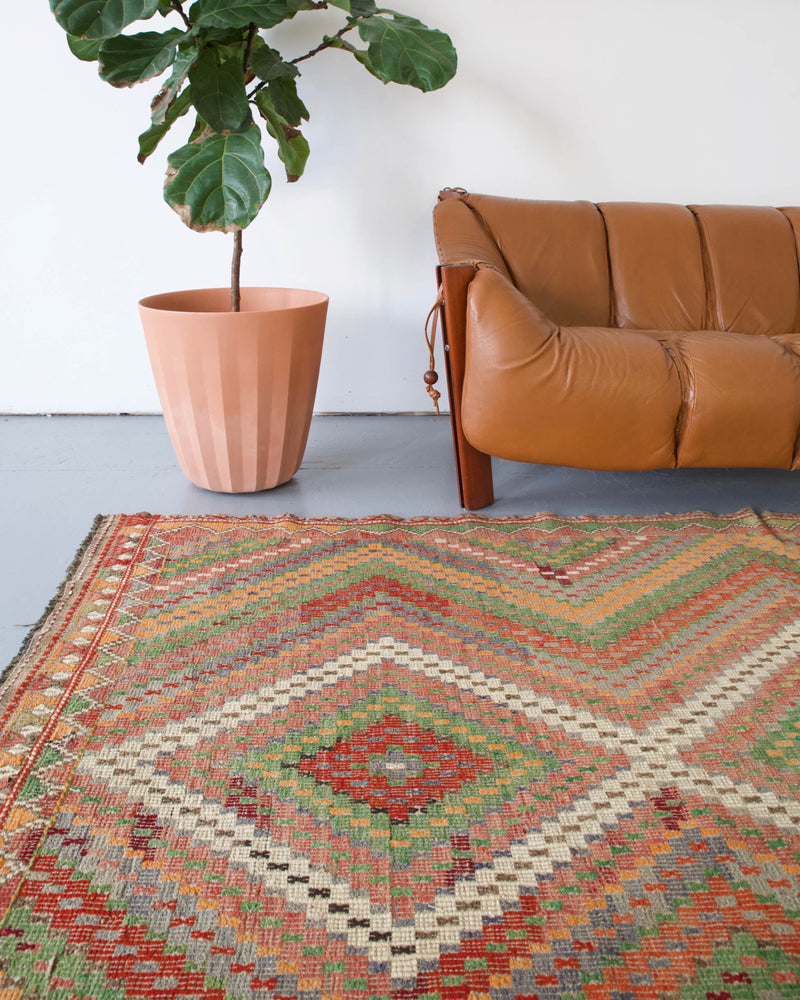 old rug, antique rug, earthy colors, faded colors, Turkish rug, vintage rug, flat weave, kilim rug, large area rug, square rug, Wild Shaman, Portland, Oregon, rug store, rug shop, local shop