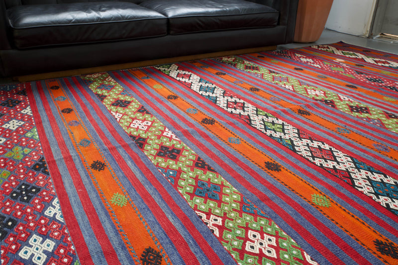 Turkish rug, vintage rug, flat weave, kilim rug, large area rug, square rug, Wild Shaman, Portland, Oregon, rug store, rug shop, local shop,  bright colors, area rug, bold color