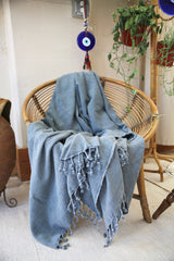 Rustic Large Pestemal Throw in Faded Blue