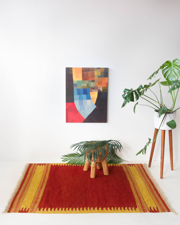 Vintage kilim rug in living room setting, bright colors, wild shaman, soft rug, bold color, Portland, Oregon, rug store, rug shop, local shop, vintage rug, modern kilim, warm colors