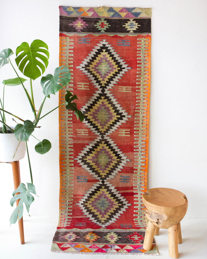  Vintage Turkish runner rug in a living room setting, pile rug, Turkish rug, vintage rug, portland, rug shop, bright colors, wild shaman, soft rug, bold color, Portland, Oregon, rug store, rug shop, local shop, antique rug