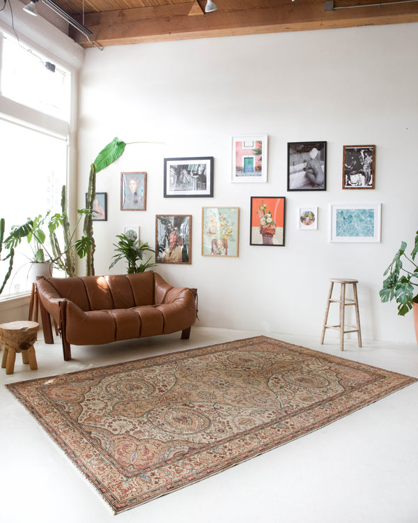 Vintage Turkish rug in living room setting, old rug, antique rug, pastel colors, faded colors, Turkish rug, vintage rug, soft rug, Portland, Oregon, rug store, rug shop, local shop